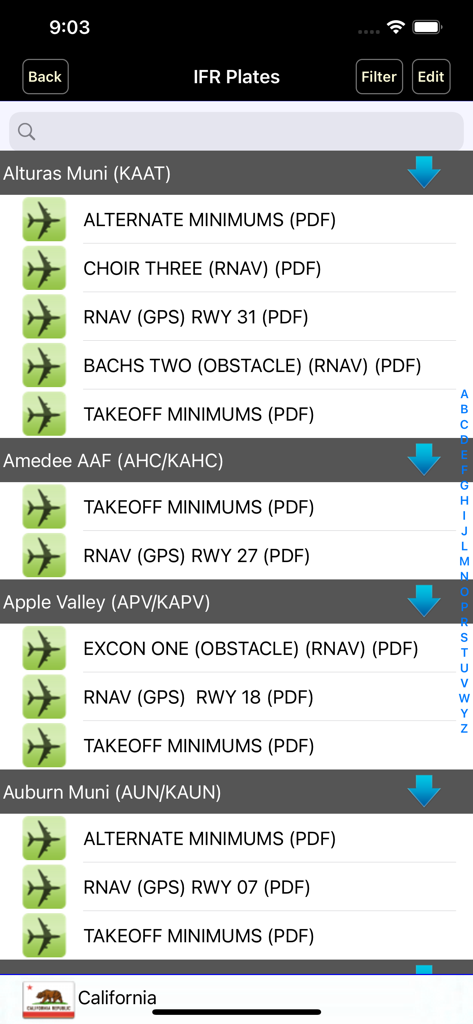 SimPlates - A list of available IFR aviation charts and approach plates for various airports in the SimPlates app
