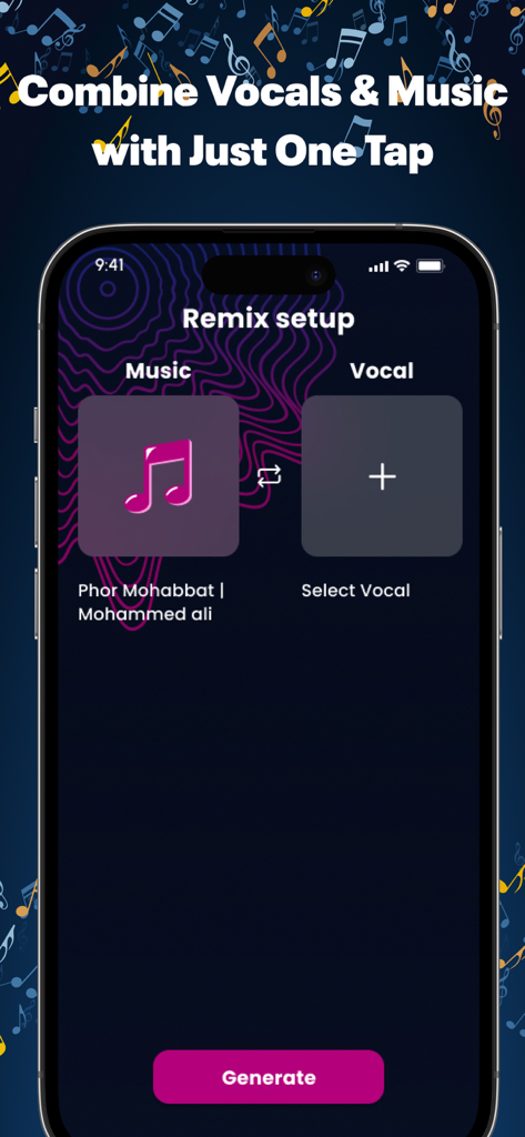 Mixy Ai Mashups Maker - Mixy Ai app interface showing a remix setup to combine vocals and music with a generate button