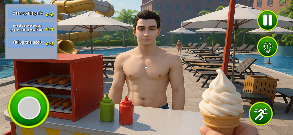 Awesome Water Fun Park Sim 3D - Captura de pantalla del juego de un personaje en un puesto de snacks en una simulación de parque acuático 3D