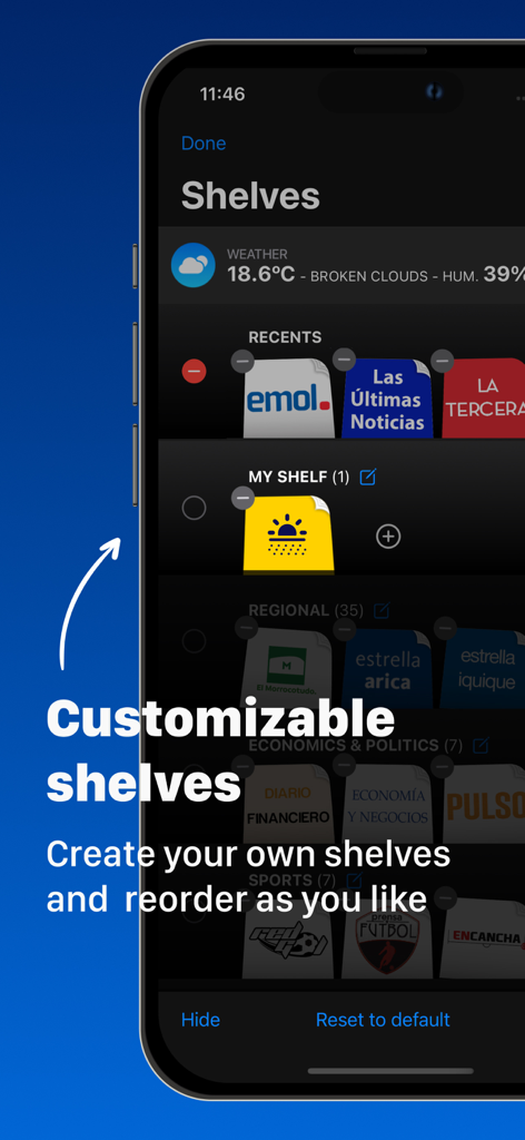 A smartphone screen displaying the customizable shelves feature in the Chilean Newspapers app.