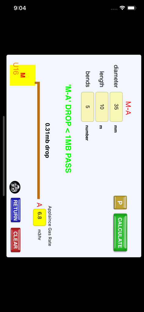 GB Gas Pipe Sizing Calculator - GB Gas Pipe Sizing Calculator interface showing a passed pressure drop calculation result