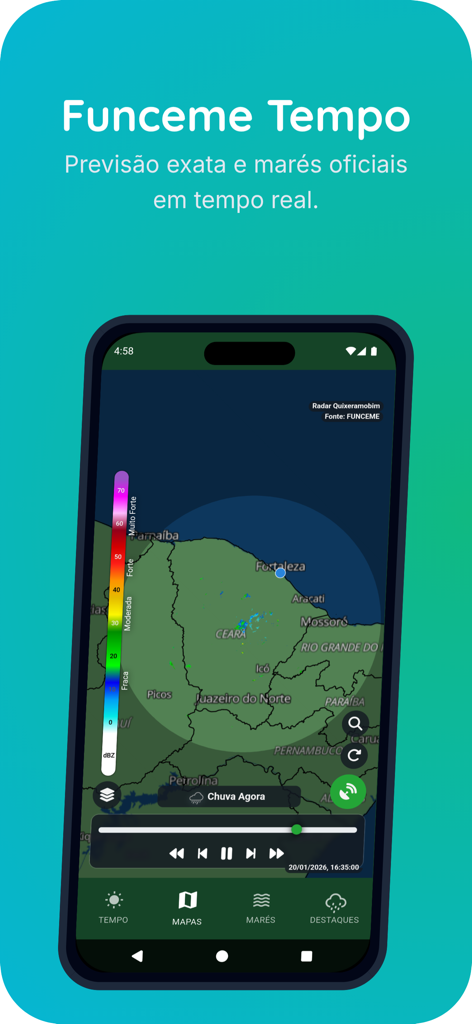 Funceme Tempo app interface showing a real-time weather radar map of the state of Ceara in Brazil