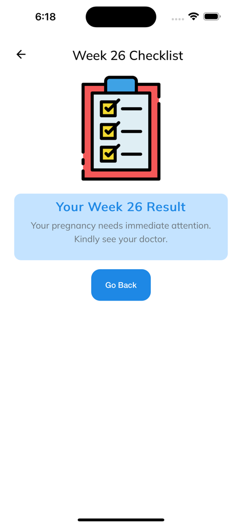 Screen showing a pregnancy health alert message recommending medical consultation