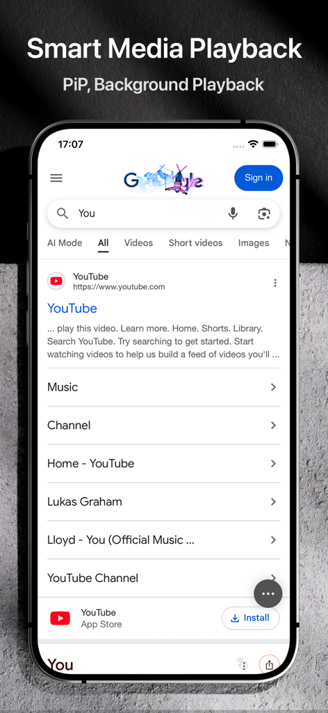 LingoLite: AdBlock Web Browser - Interface do navegador LingoLite mostrando reprodução de mídia inteligente com opções de picture-in-picture e reprodução em segundo plano