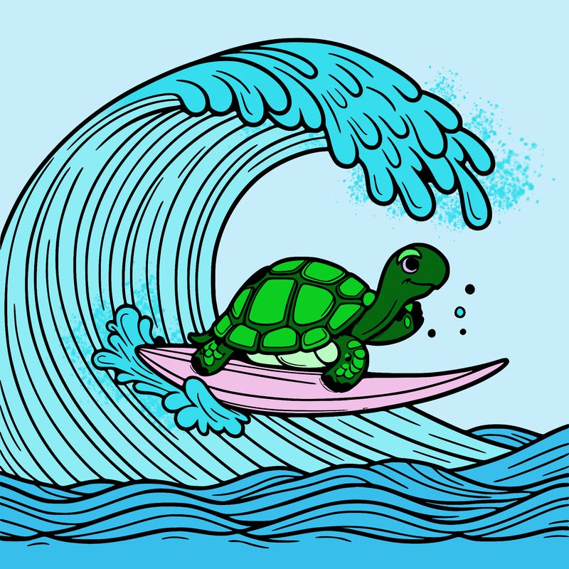 a tortoise surfing on a giant wave