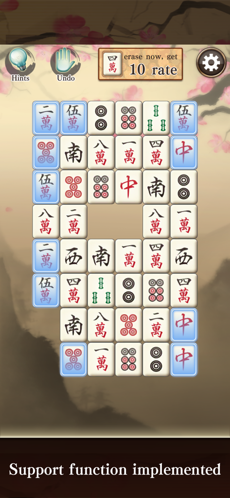 Mahjong Puzzle Shisensho - ヒントと元に戻す機能付きのタイルマッチング盤が穏やかな背景に表示された麻雀パズル四川省のゲームプレイ画面