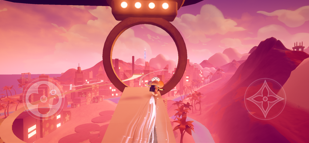 LOUIS THE GAME - Der Charakter Vivienne gleitet durch einen goldenen Ring in einer lebendigen rosa und orangefarbenen Sonnenuntergangslandschaft mit einer Stadt im Hintergrund.