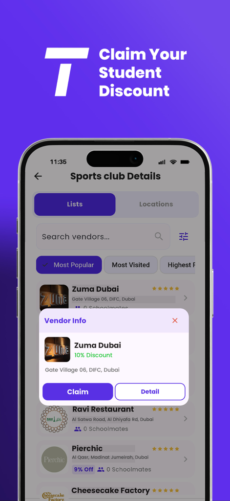 Mobile App-Oberfläche von Tolaab, die ein Popup zum Einlösen eines Studentenrabatts in einem lokalen Restaurant zeigt.