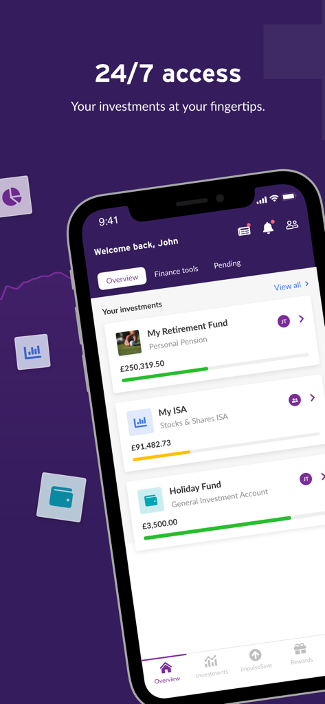 True Potential - Overview screen of the True Potential app displaying various investment funds on an iPhone.