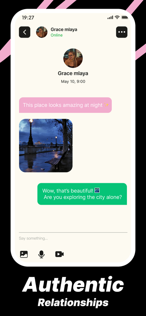 Capal-Discover, Share Together - A chat screen in the Capal app showing two people sharing a city photo and a message exchange with the heading Authentic Relationships