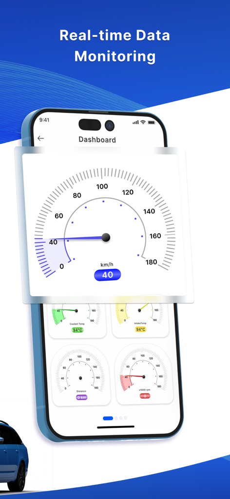 OBD2 Car Scanner - Torque FixD - Pantalla de smartphone que muestra un panel de diagnóstico de coche con indicadores de velocidad y temperatura del motor en tiempo real