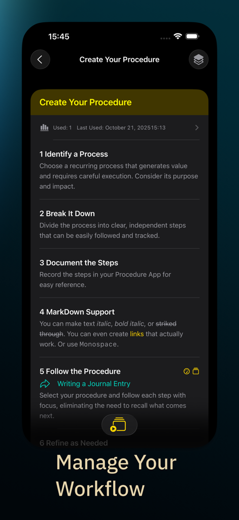 Procedural: System & Routines - Interface do aplicativo Procedural mostrando um guia passo a passo para criar e gerenciar fluxos de trabalho