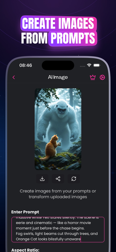 AIVidly - AI Video Maker - AIVidly App-Oberfläche, die ein generiertes KI-Bild eines Yeti und einer Katze aus einer Textvorgabe zeigt.