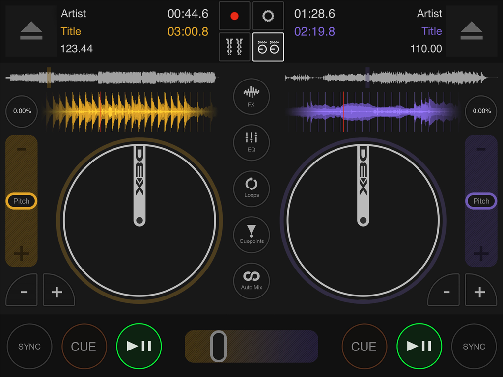 Professional DJ mixing interface with dual decks and waveforms on iPad