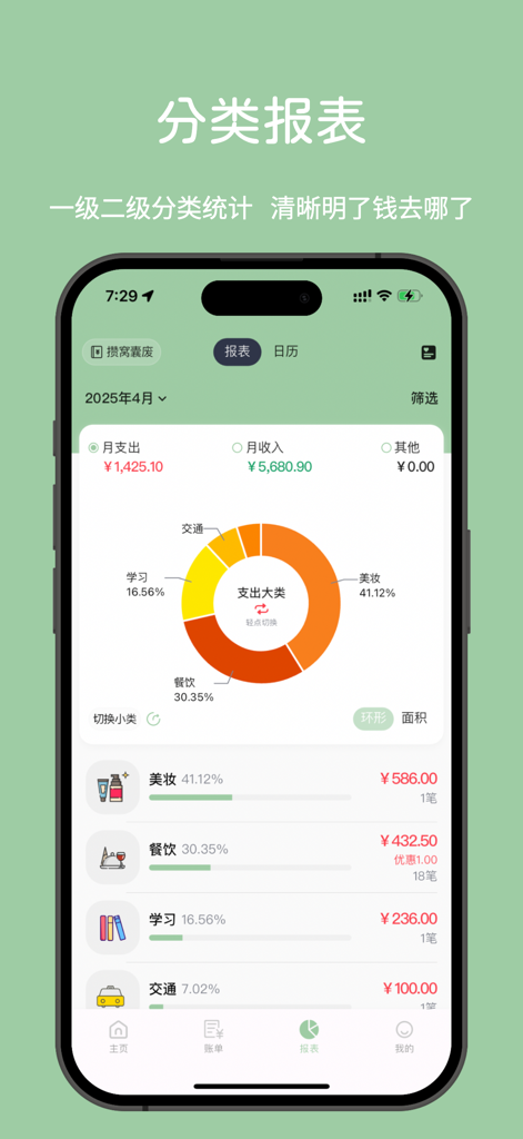 小青账记账-存钱记账本理财购物清单 - A minimalist pie chart showing monthly spending categories like beauty and dining in the Xiao Qing Zhang budgeting app