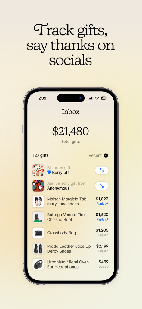 SpoilMe app inbox displaying total gift value and a list of received luxury items.