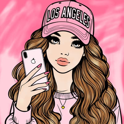 realistic beautiful girl wearing los ángeles cap holding an iphone