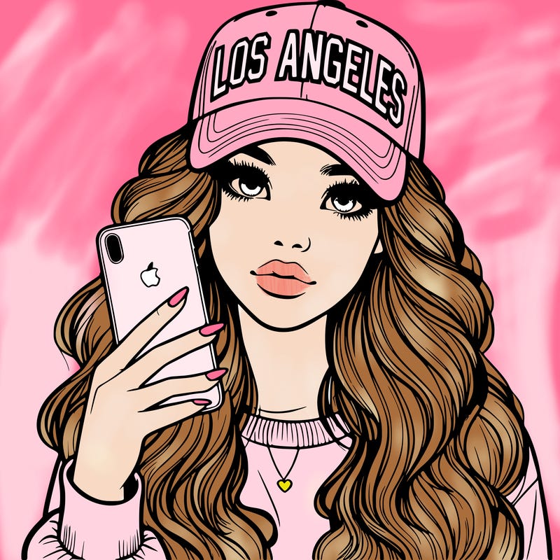 realistic beautiful girl wearing los ángeles cap holding an iphone