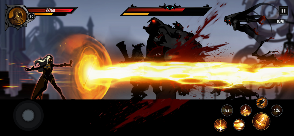 A hero character unleashing a powerful golden energy beam against shadow monsters in a dark fantasy level.