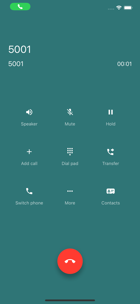 BCNmobile - BCNmobileソフトフォンアプリのアクティブ通話画面。ミュート、保留、転送などのビジネス電話オプションが表示されています。