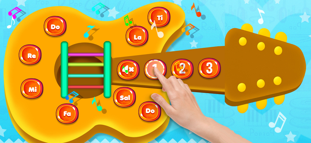Musical Band! Play and Learn - Interactive toy guitar interface with musical note buttons for toddlers