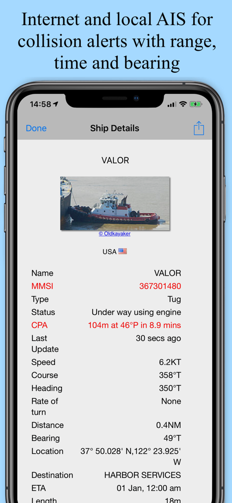 Capture d'écran de l'application SeaNav US montrant des données de suivi AIS détaillées pour un remorqueur, y compris la vitesse, le cap et la localisation