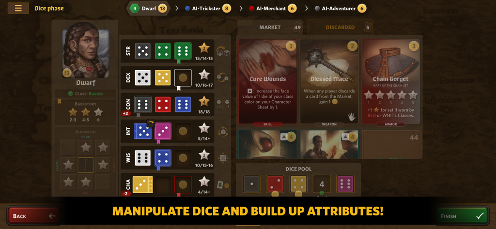 Roll Player - The Board Game - Gameplay screen of Roll Player showing dice manipulation to build character attributes