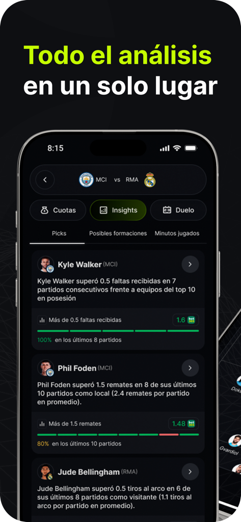 Scout Picks - Screenshot dell'app Scout Picks che mostra approfondimenti sulle statistiche dei giocatori basati sui dati per una partita di calcio Manchester City vs Real Madrid