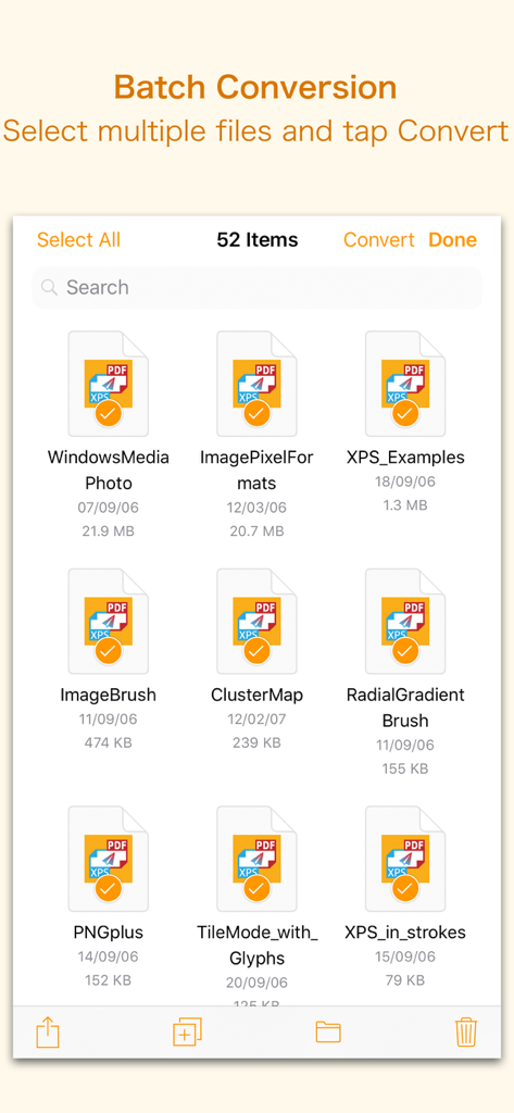 XPS-zu-PDF-App Stapelkonvertierungsbildschirm mit mehreren ausgewählten Dateien