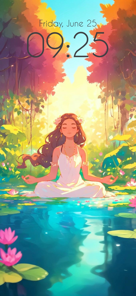 Top Anime Girl Wallpaper - Fille d'anime méditant sur un nénuphar dans un étang forestier coloré