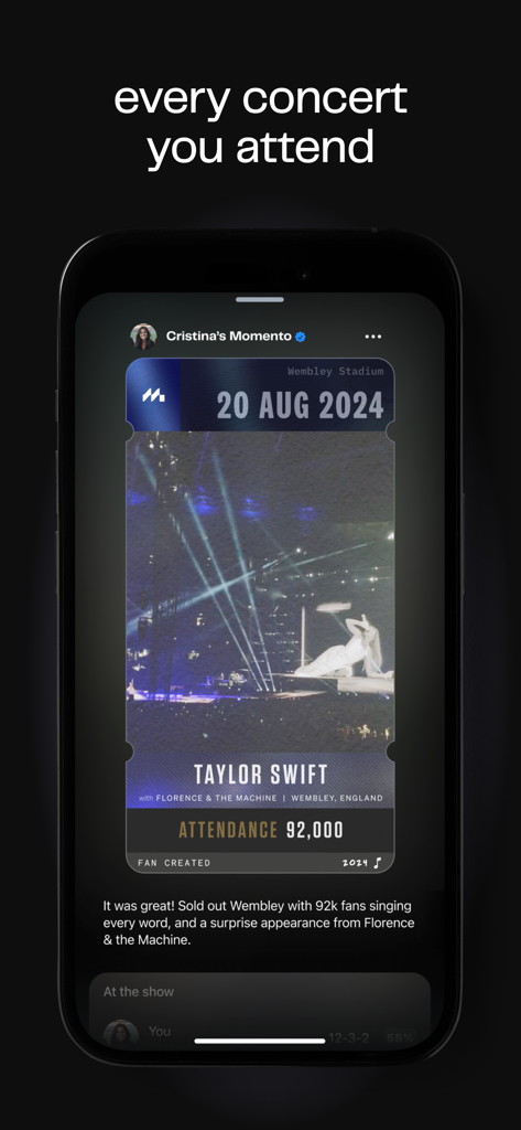Digital ticket stub in the Momento app for a Taylor Swift concert at Wembley Stadium featuring attendance stats and a performance photo.