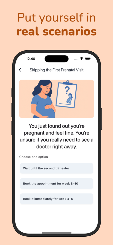 Parenting Leader: Parent Guide - Escenario interactivo en la aplicación Líder en Crianza sobre visitas médicas prenatales