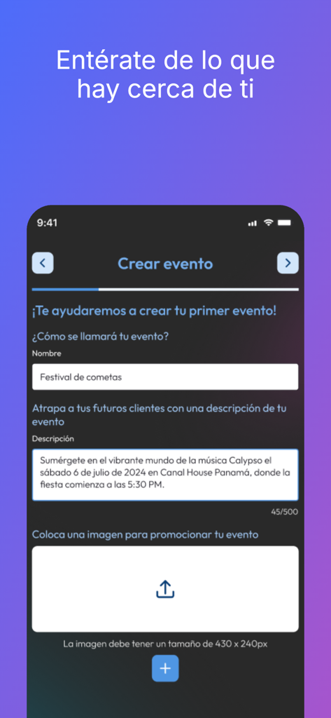Mobile app screen showing the create event interface with fields for name description and image upload for a cultural event in Panama