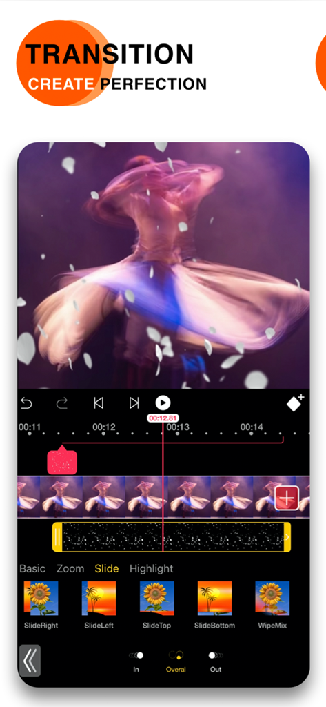 Video Eraser . - Mobile video editor interface showing slide and zoom transition effects for creative video editing.