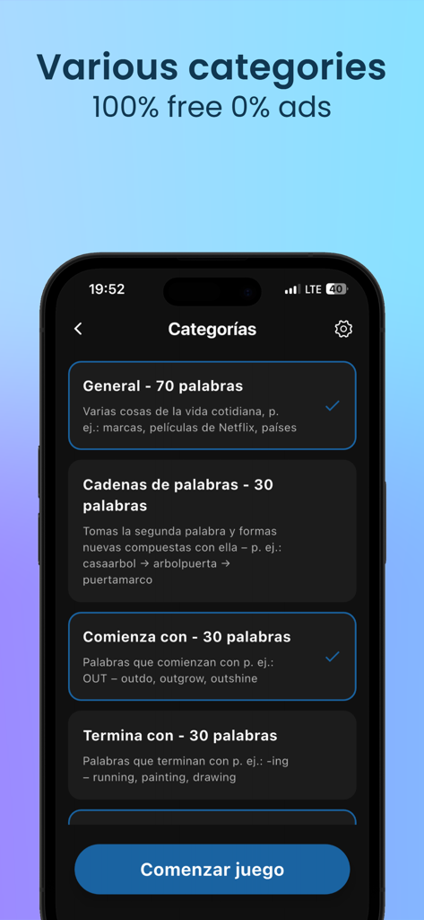 Party Bomb mobile app interface showing various word game categories and modes like word chains and starting letters.
