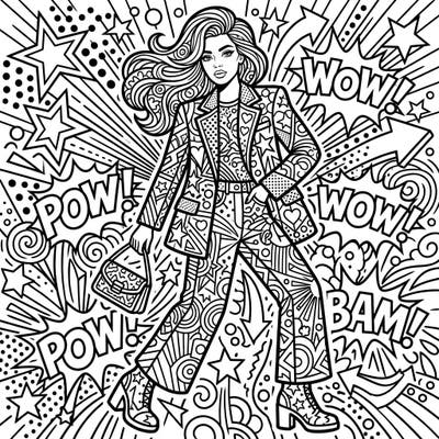 Step into the world of high fashion with this electrifying Pop Art coloring page featuring a chic woman. Her striking outfit and dynamic background invite you to explore a burst of color and creativity.
