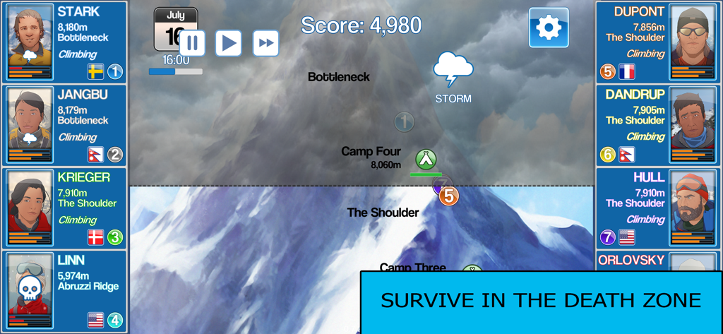 K2 Story - Strategic gameplay interface of K2 Story mountain climbing simulation featuring climber stats and the high altitude death zone.