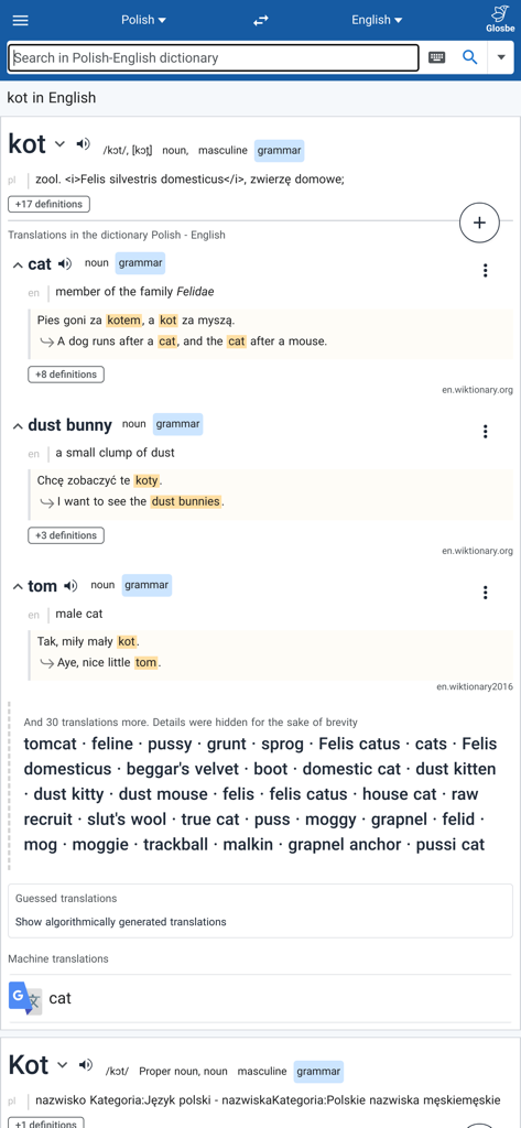 Oberfläche der Glosbe Dictionary App, die eine Polnisch-Englisch-Übersetzung für das Wort "kot" mit detaillierten Nutzungsbeispielen und Synonymen zeigt.