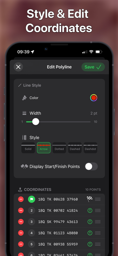 Route Planner - GPS MGRS UTM - interface for styling map routes and managing MGRS coordinate points