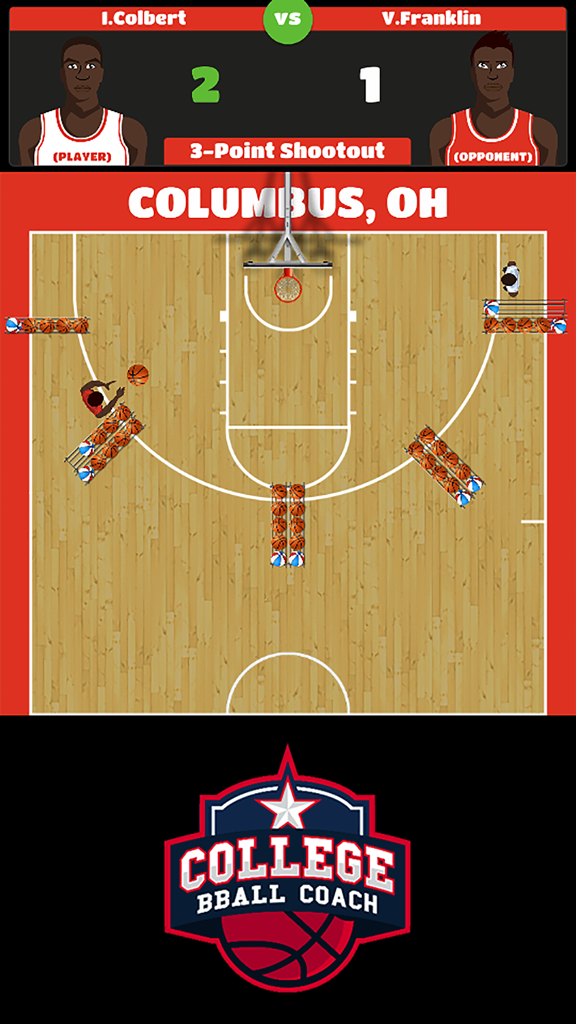 Gameplay screenshot of College BBALL Coach showing a 3 point shootout basketball drill