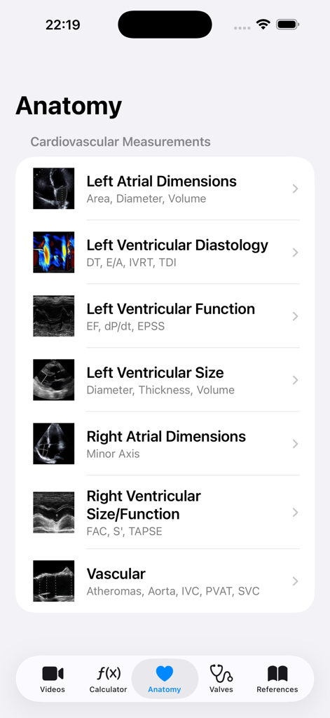 EchoRef app interface showing a list of cardiovascular measurements for atrial and ventricular anatomy