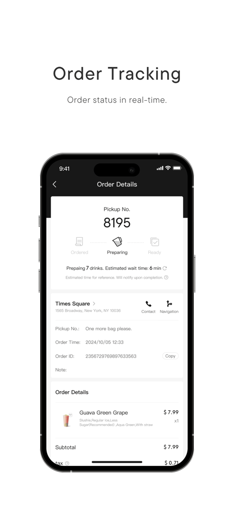HEYTEA app real-time order tracking screen showing order status and pickup details