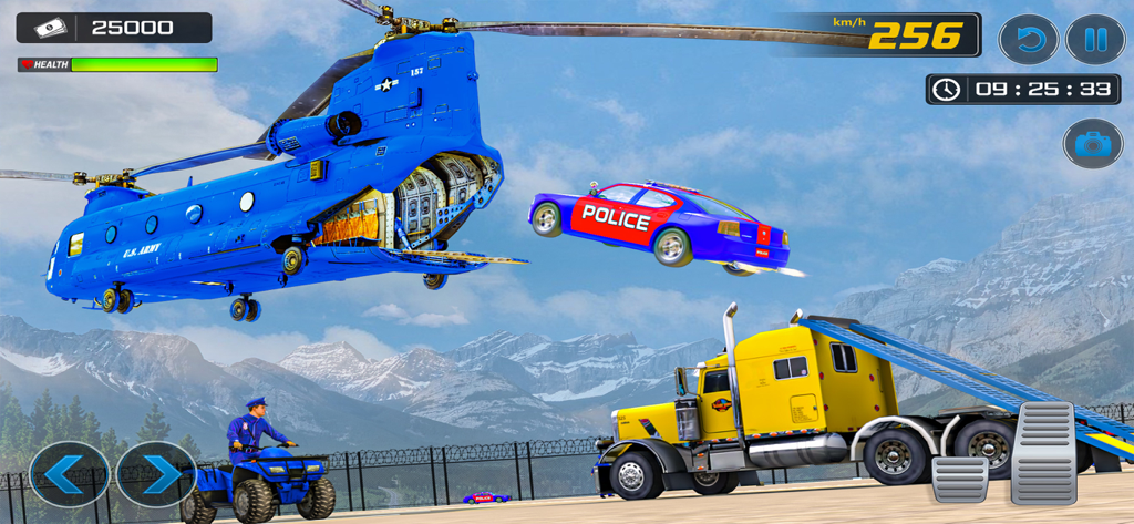 Dream Police Truck Transporter - A police car jumping from a cargo helicopter toward a yellow transport truck in a mountain setting
