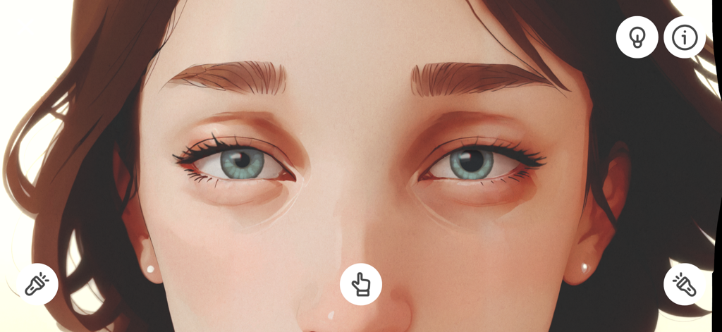 Pupil Wizard - Pantalla de simulación de examen de ojo clínico en la aplicación Pupil Wizard.