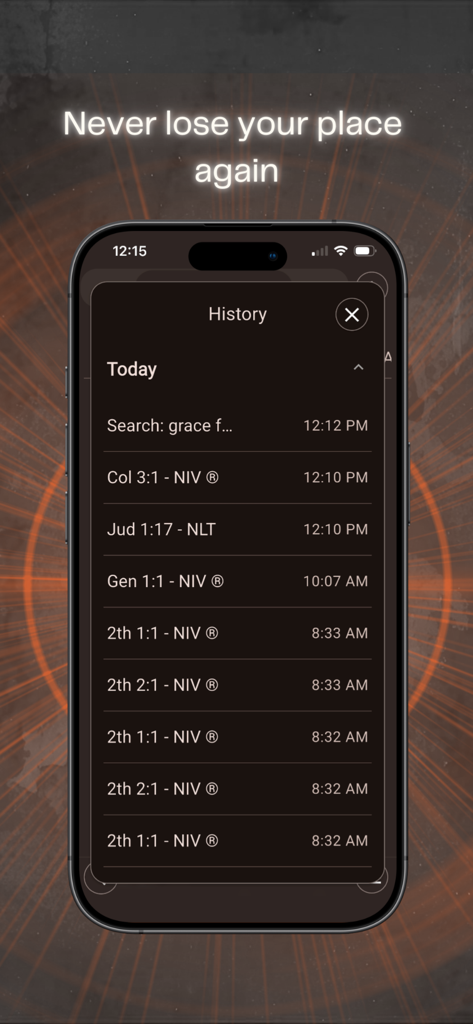 BibleOne - BibleOne app History screen showing recently read Bible verses and search history