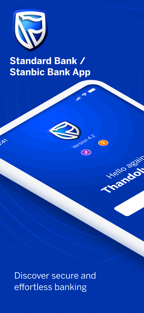 Startbildschirm der mobilen App von Standard Bank und Stanbic Bank mit dem Logo und einer Nachricht über sicheres und müheloses Banking