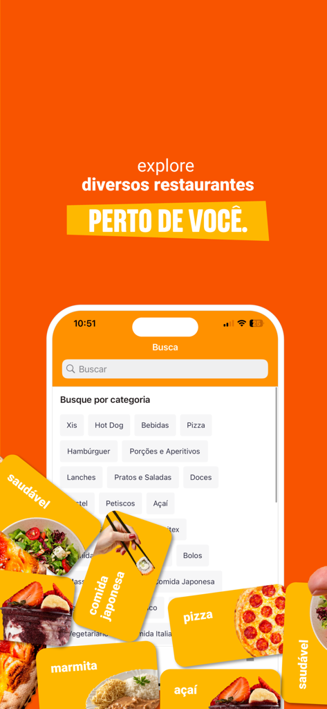 Delivery Much: Pedir Comida - Delivery Much アプリのインターフェース。さまざまな食品カテゴリと、地元のレストランを検索するための検索バーが表示されています。