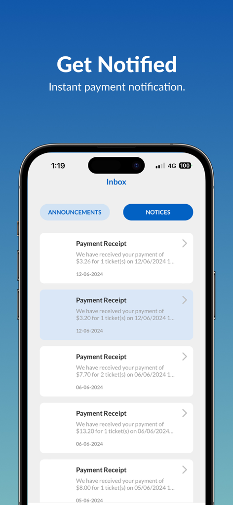 Maxi-Cash - A screenshot of the Maxi-Cash app displaying a list of payment receipts and instant notifications in the inbox.