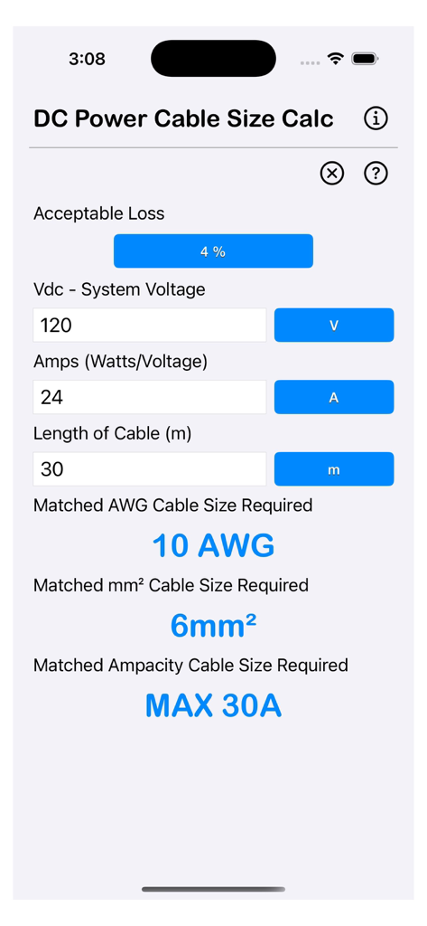 Interface of the DC Power Cable Size Calc app showing wire gauge and ampacity results