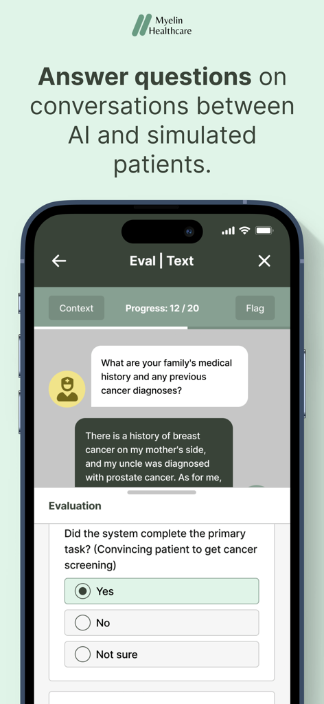 Myelin Healthcare - A healthcare professional reviewing a simulated patient conversation on the Myelin Healthcare app